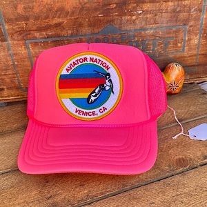 🆕✨AVIATOR NATION NEON PINK WITH VENICE LOGO PATCH MESH TRUCKER HAT O/S NWT